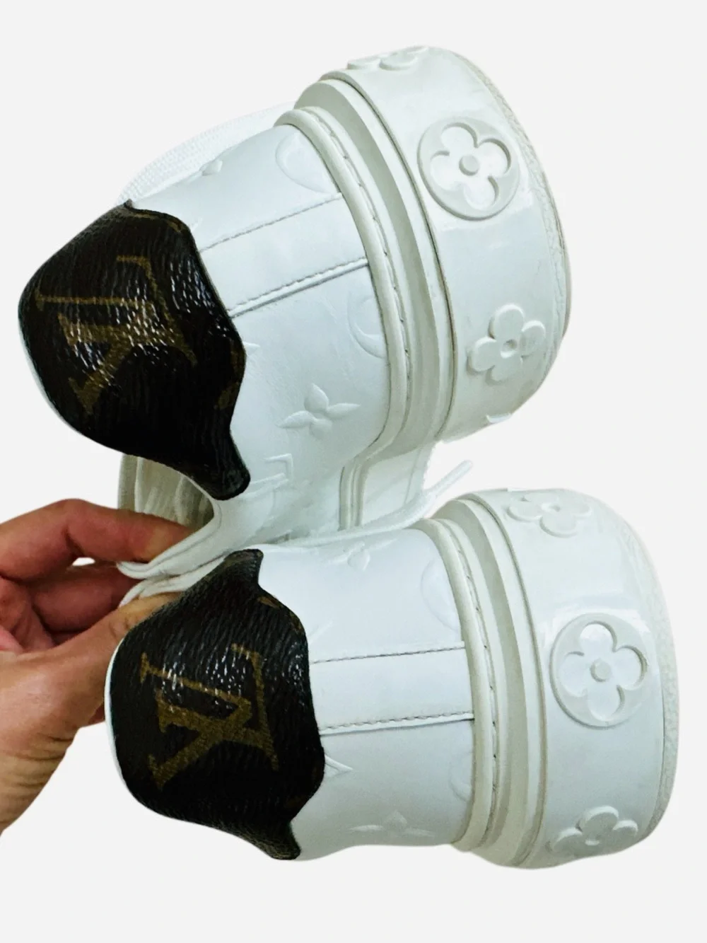 LOUIS VUITTON Women’s Lambskin Embossed Monogram Time Out Sneakers 38 White